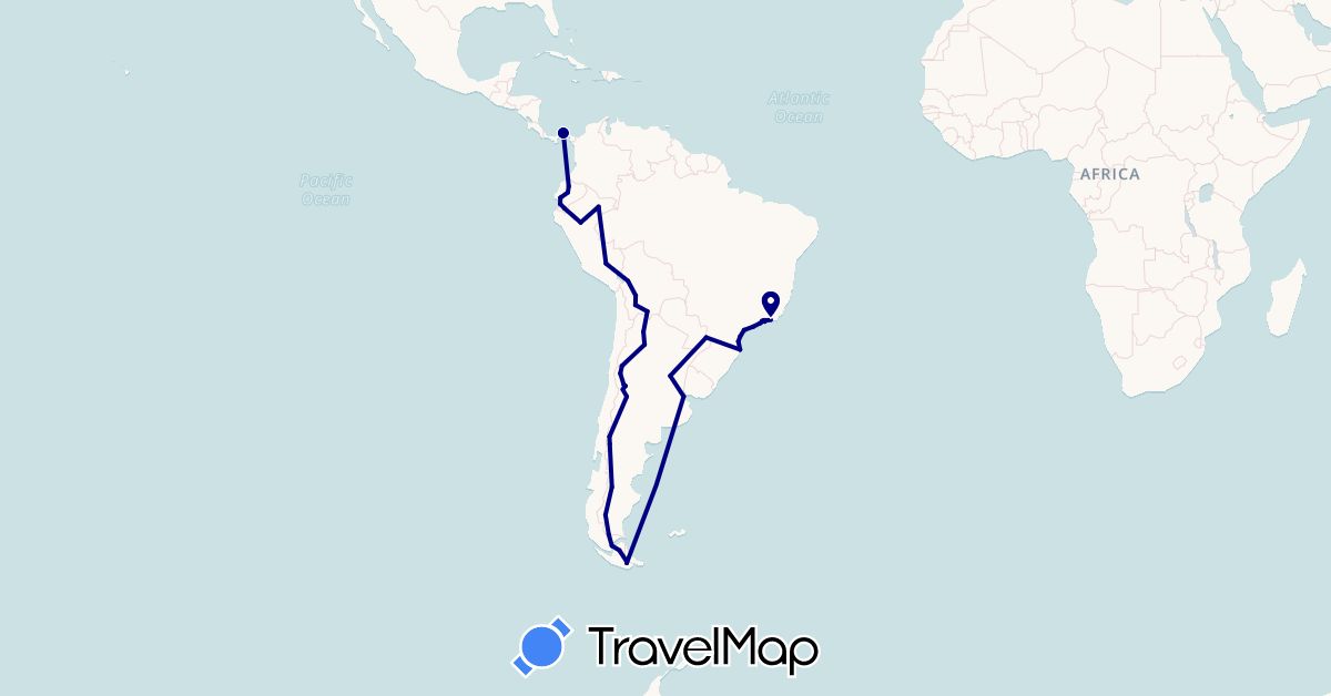 TravelMap itinerary: driving in Argentina, Bolivia, Brazil, Chile, Ecuador, Panama, Peru (North America, South America)